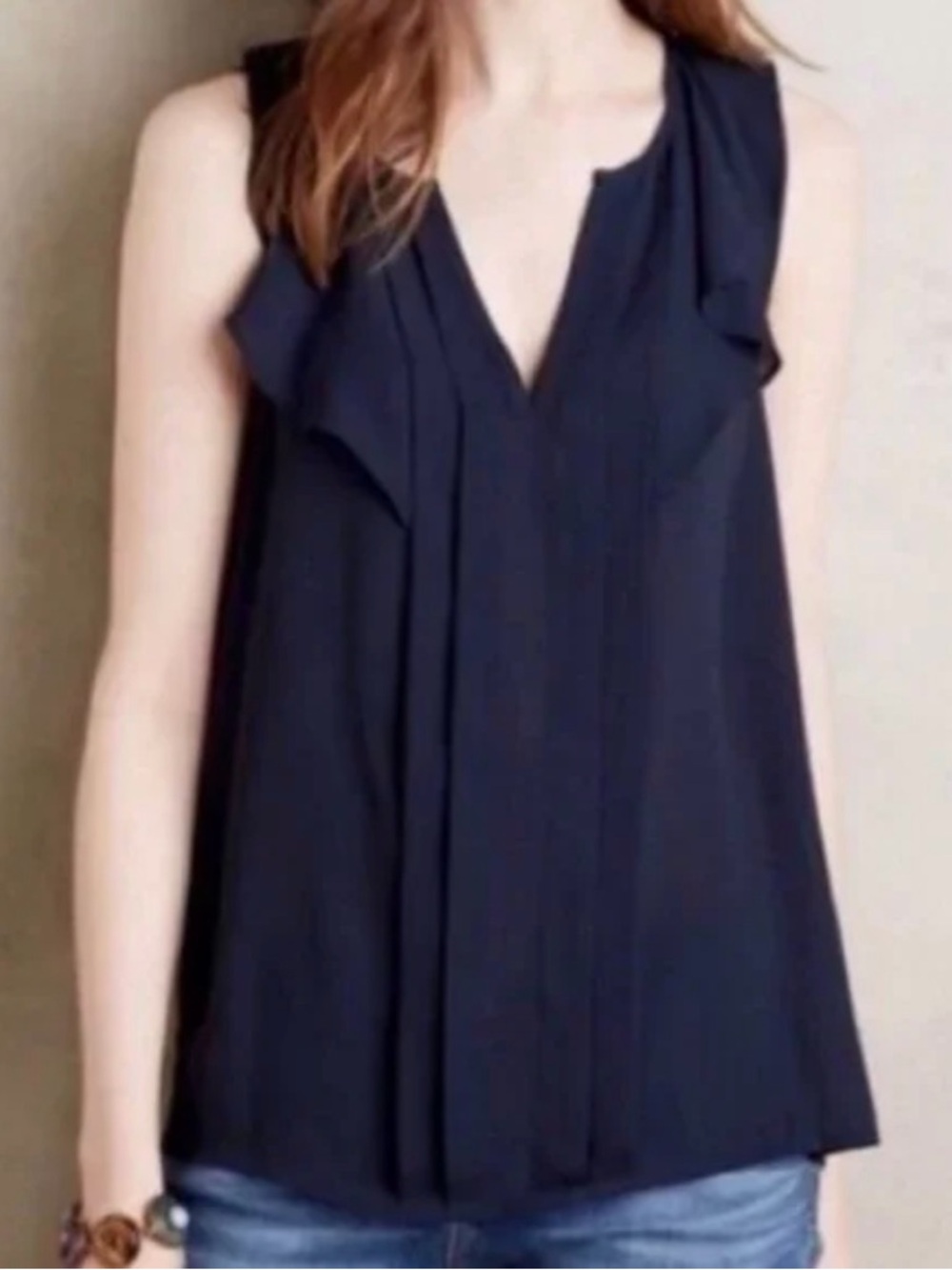 Maeve by Anthropologie Navy Blue Sleeveless Ruffle V Neck Blouse Size 4 Shirt